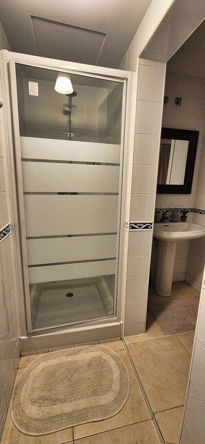 A shower enclosure with a glass door, a sink with a mirror, and a small rug on the floor.