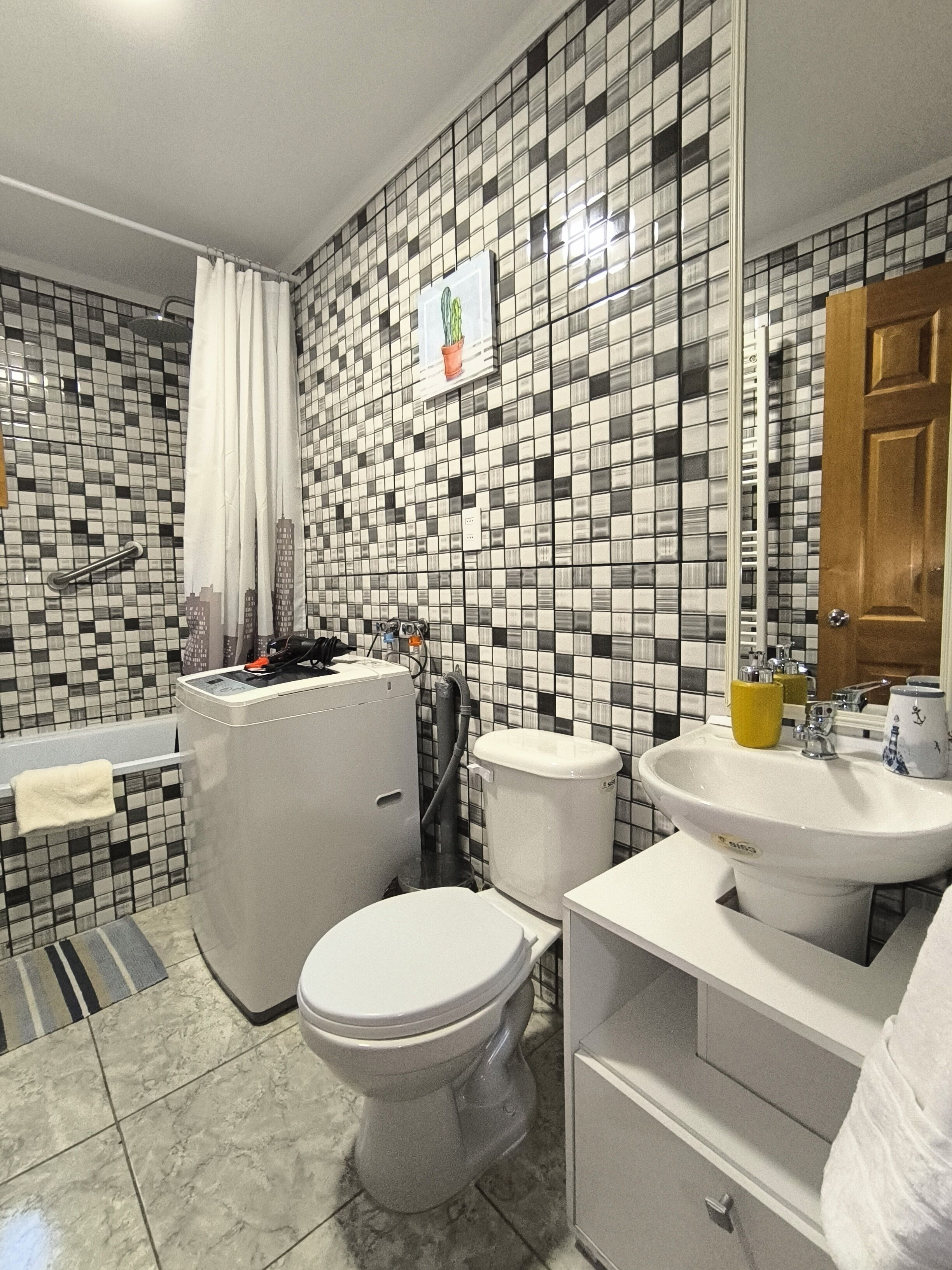 Hair dryer, towels, soap, toilet paper