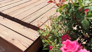 A wooden deck with a grill, surrounded by greenery and a white house in the background. -     Rustic Spa Escape Near I-70 (Goodland)