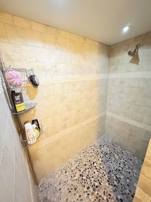 Hair dryer, towels, soap, toilet paper