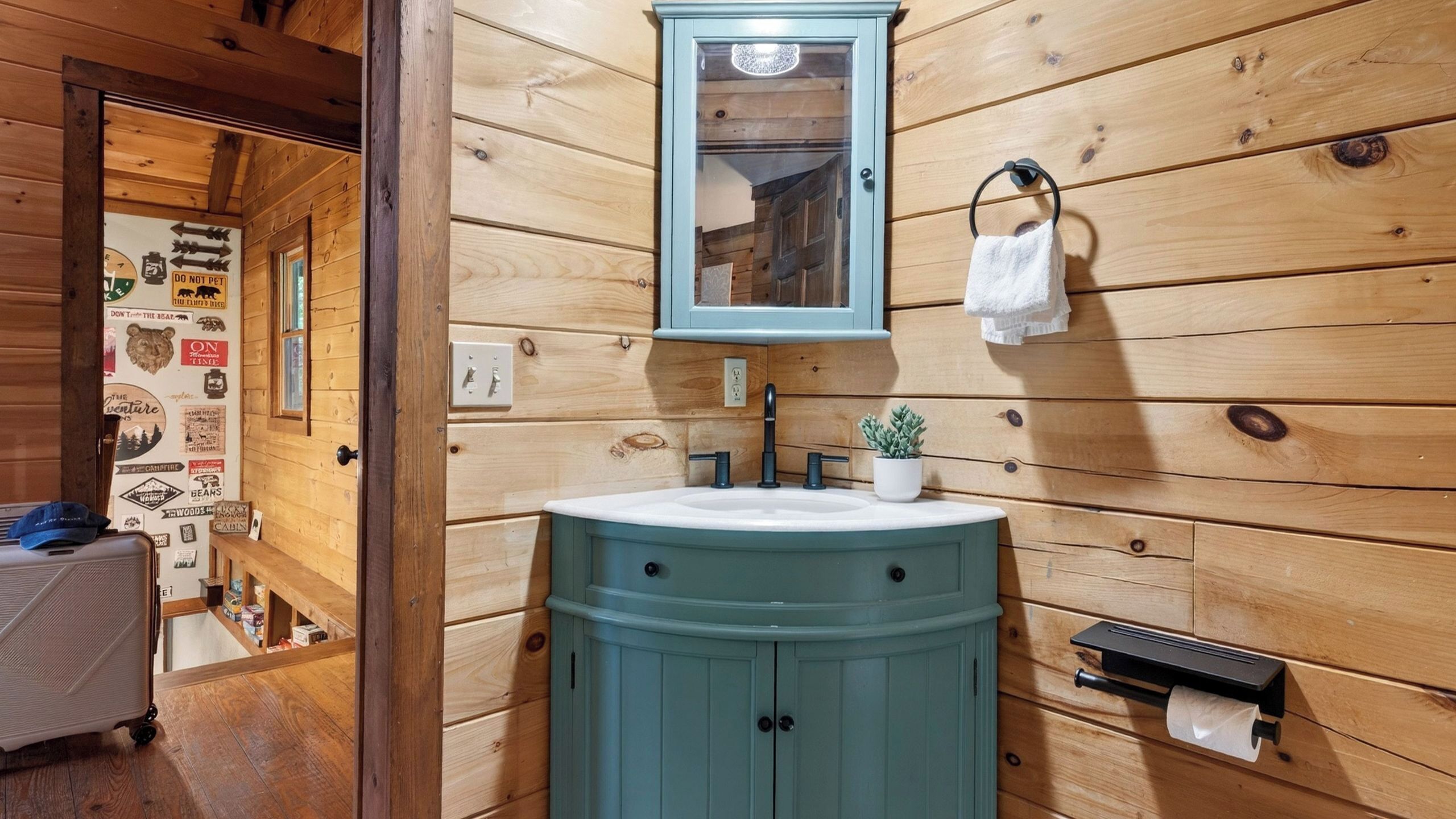 Un baño con pared de madera, un lavabo con espejo encima, una toalla colgada en un perchero y una pequeña planta en maceta sobre el lavabo.