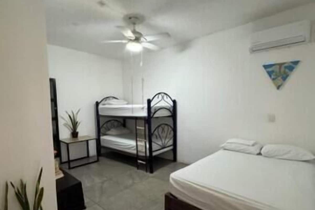 A room with a bunk bed, a single bed, a ceiling fan, a potted plant, and a wall-mounted air conditioner.