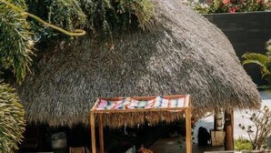 A pool area with lounge chairs, a thatched-roof structure, and a wooden bench. - Surfnest Hostel (Brisas de Zicatela)