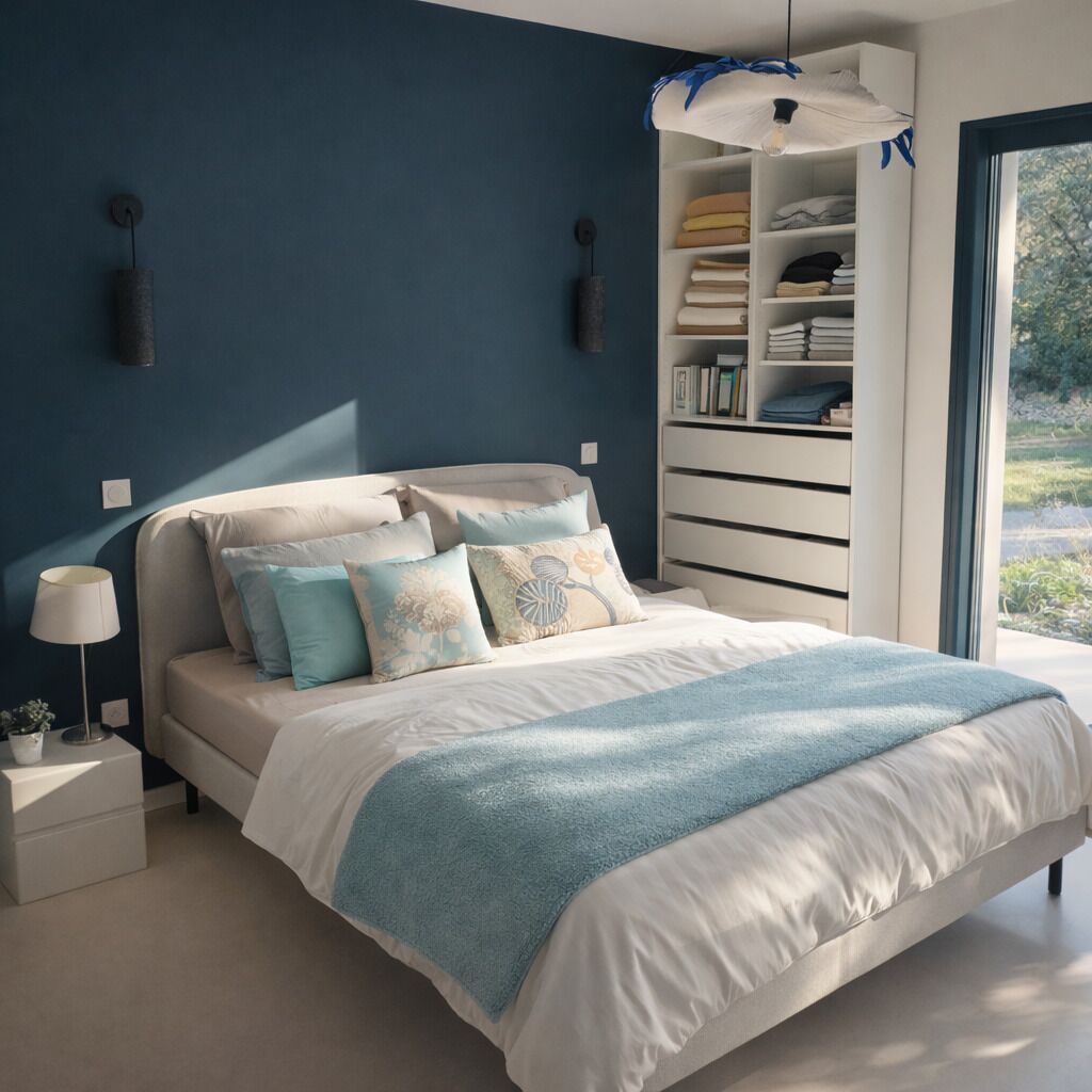 Een slaapkamer met een bed, nachtkastjes, een kledingkast en een raam.