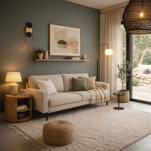 Ein modernes Wohnzimmer mit Sofa, Lampe, Teppich und Fenster mit Blick.