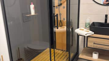 Hair dryer, towels, soap, toilet paper