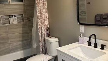 Hair dryer, towels, soap, toilet paper
