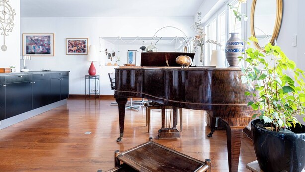 A spacious room with a grand piano, a dining table, and a potted plant. - At the gates of the old town - 2 bedrooms - Garage - Terrace (Annecy)
