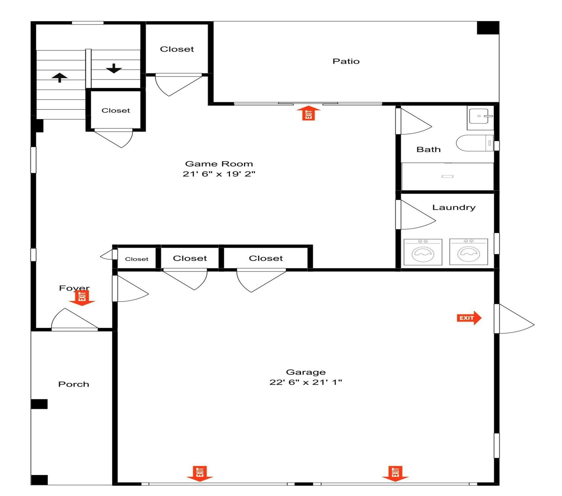 A floor plan with a game room, closets, patio, bathroom, laundry, porch, and garage.