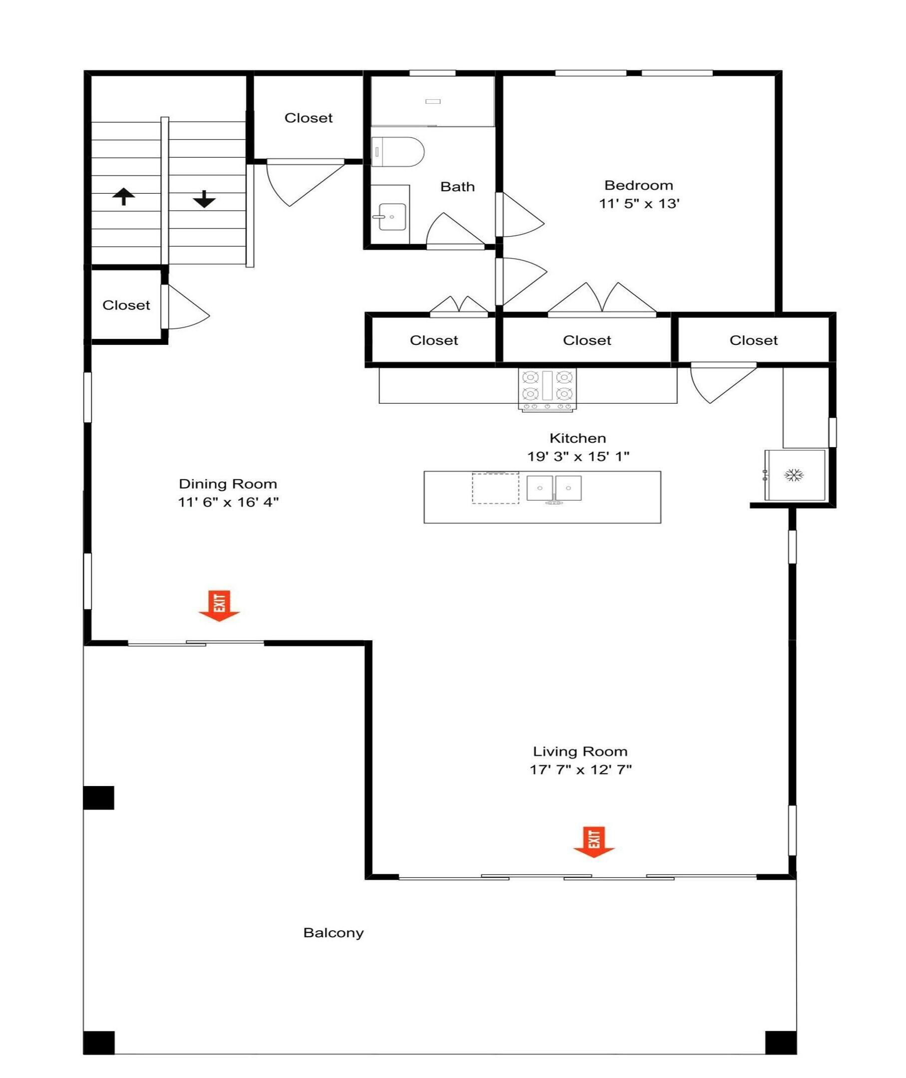 Ein Grundriss mit Schlafzimmer, Abstellraum, Bad, Esszimmer, Küche, Wohnzimmer und Balkon.