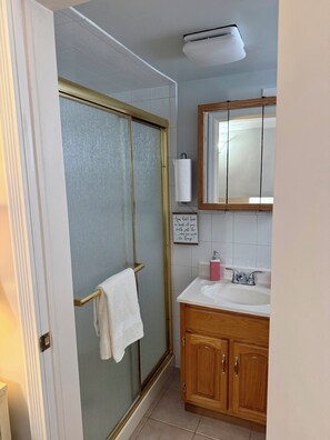 Secadora de cabello, toallas, jabón, papel de baño
