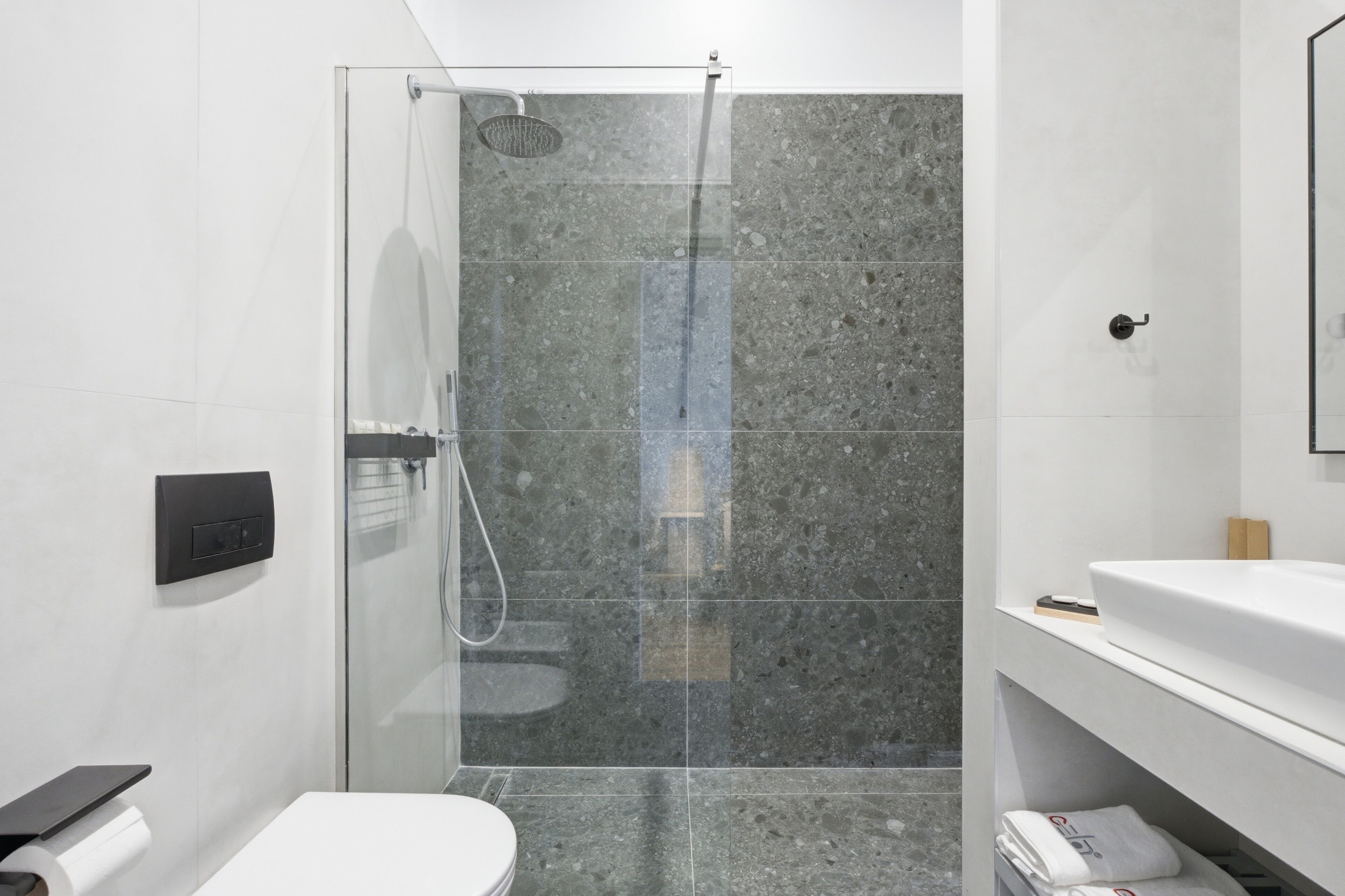 A modern bathroom with a glass-enclosed shower, a white toilet, and a sink with a mirror.
