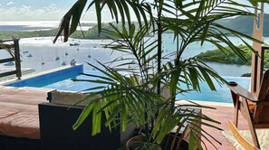 Un espace piscine offrant une vue sur les bateaux sur l’eau, agrémenté d’une plante en pot et d’une terrasse en bois.