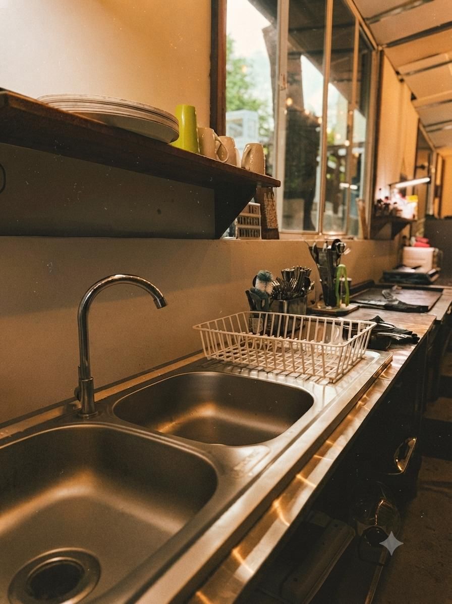 A kitchen with stainless steel sinks, a dish rack, and a window providing a view of the outdoors.