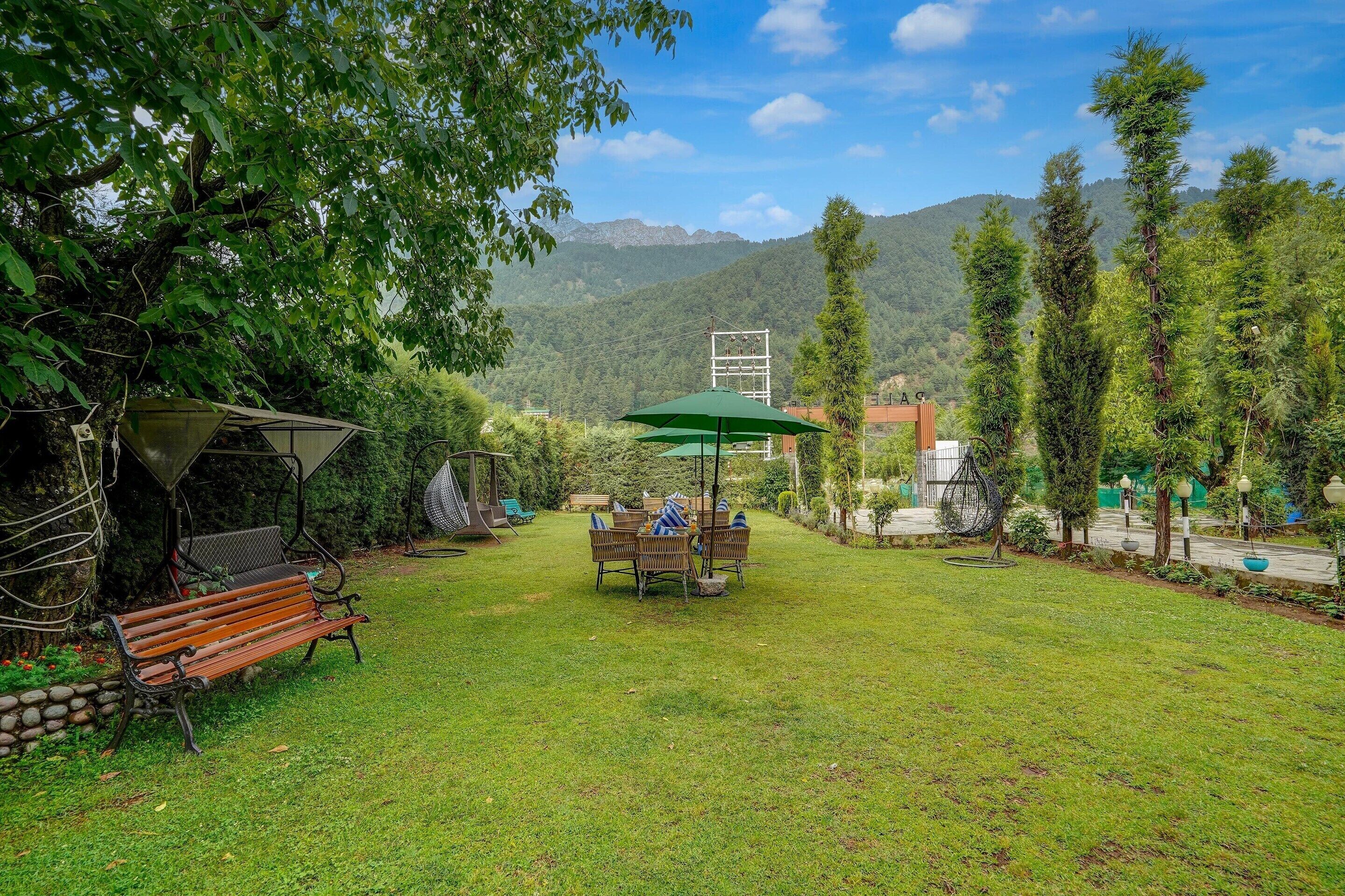 A grassy outdoor area with a wooden bench, a table with chairs, and a green umbrella.