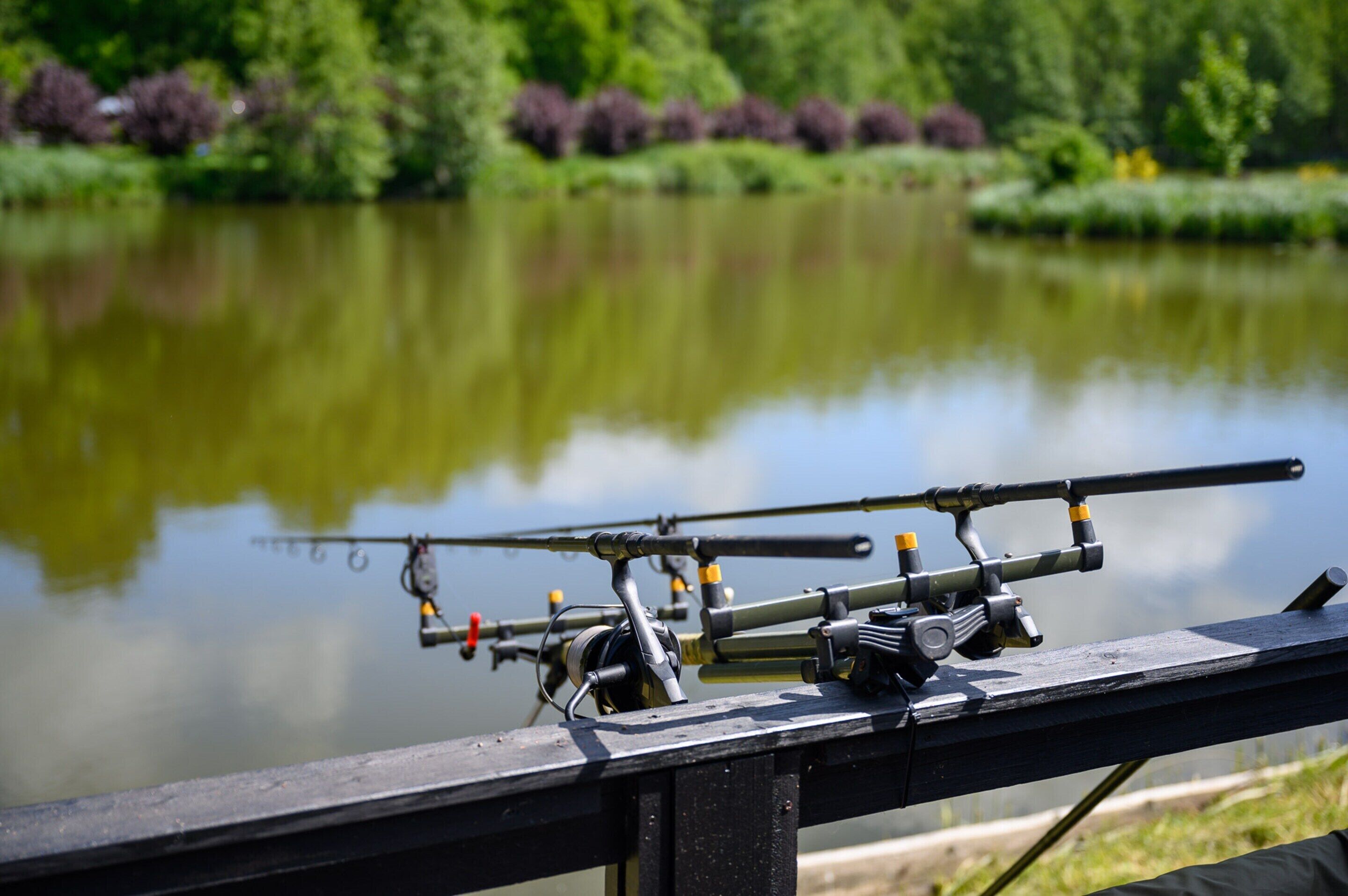 A fishing rod set up on a railing by a calm lake with greenery in the background.