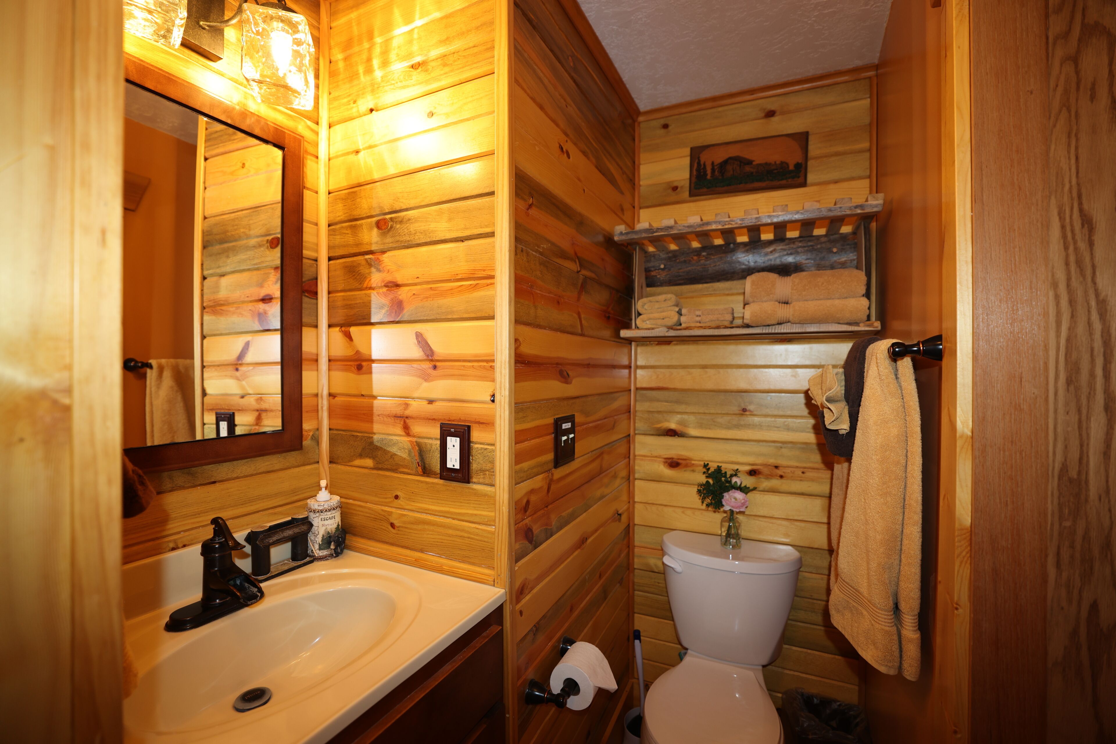 Une salle de bain rustique, aménagée dans une cabane en bois, avec un lavabo, des toilettes et une étagère au-dessus des toilettes.