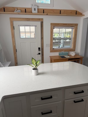 A kitchen with a white countertop, a potted plant, wooden beams, a window, and a door.