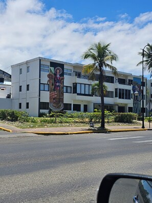Ein Gebäude mit großem Wandgemälde, einer Palme und Blick auf die Straße.