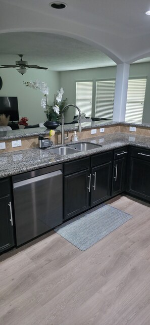 A modern kitchen with granite countertops, stainless steel appliances, and black cabinetry. - Charming 4-bedroom house with AC in lively Houston.  World Cup Central. (Houston)