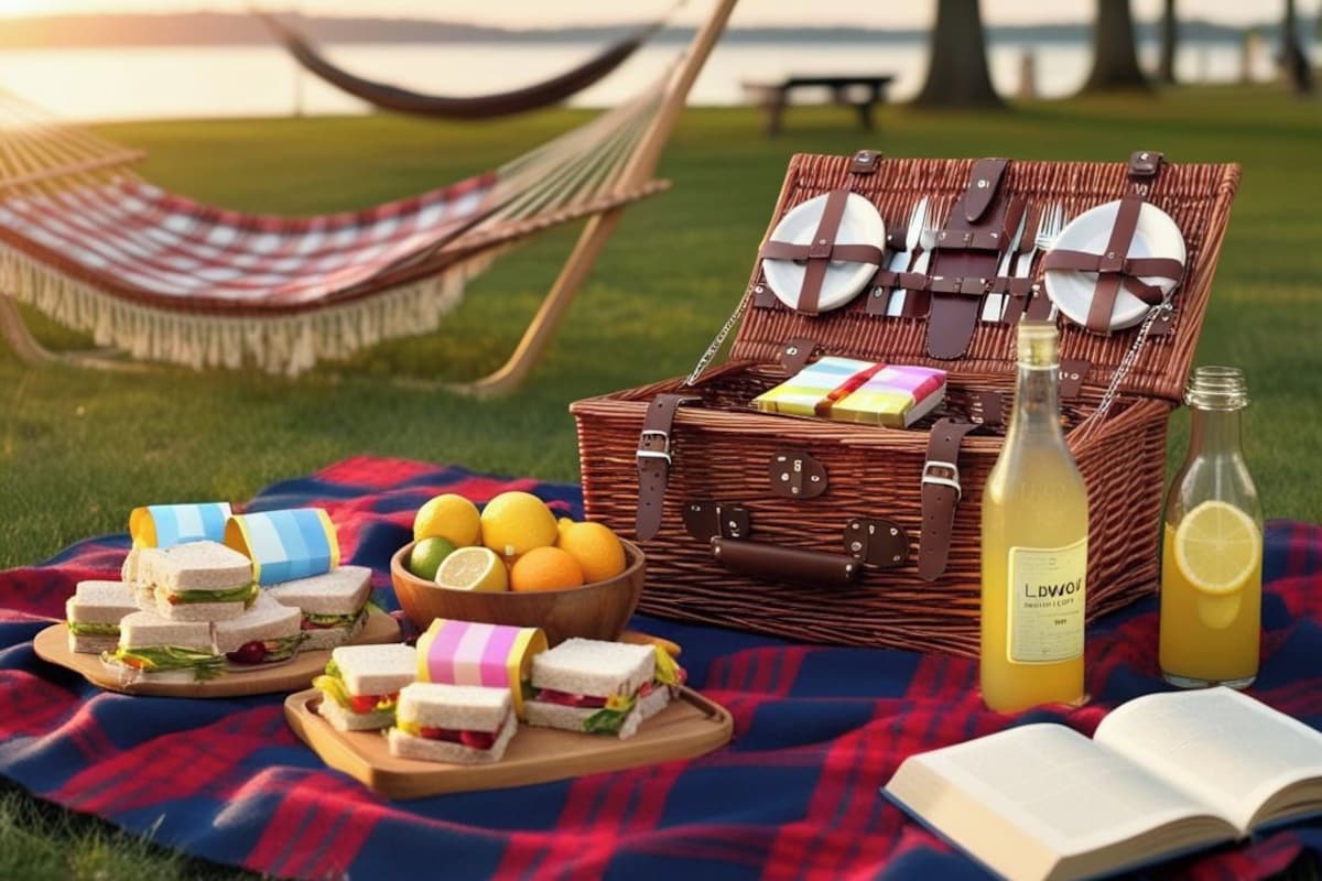 En picnickurv med sandwiches, frugt i skål, en flaske, et glas juice, en hængekøje og et tæppe på græs.