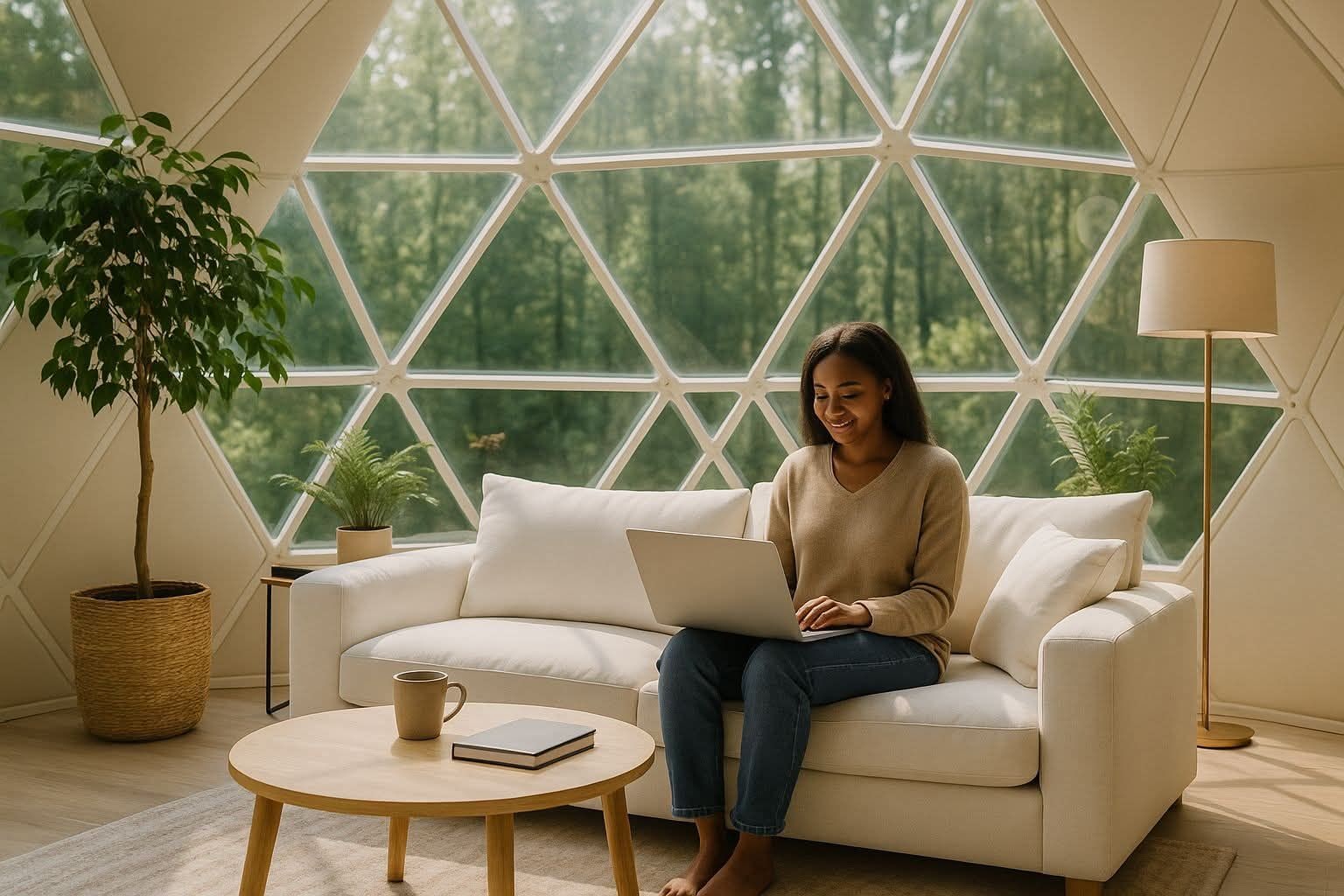 A person sitting on a white sofa with a laptop, a round wooden table with a book and a mug, and a potted plant beside the sofa.