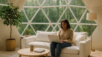 A person sitting on a white sofa with a laptop, a round wooden table with a book and a mug, and a potted plant beside the sofa.