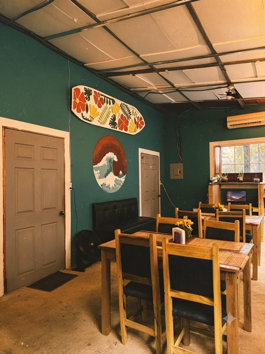 Una habitación con comedor, una obra de arte con temática de tablas de surf, un cuadro redondo y una ventana con vistas.