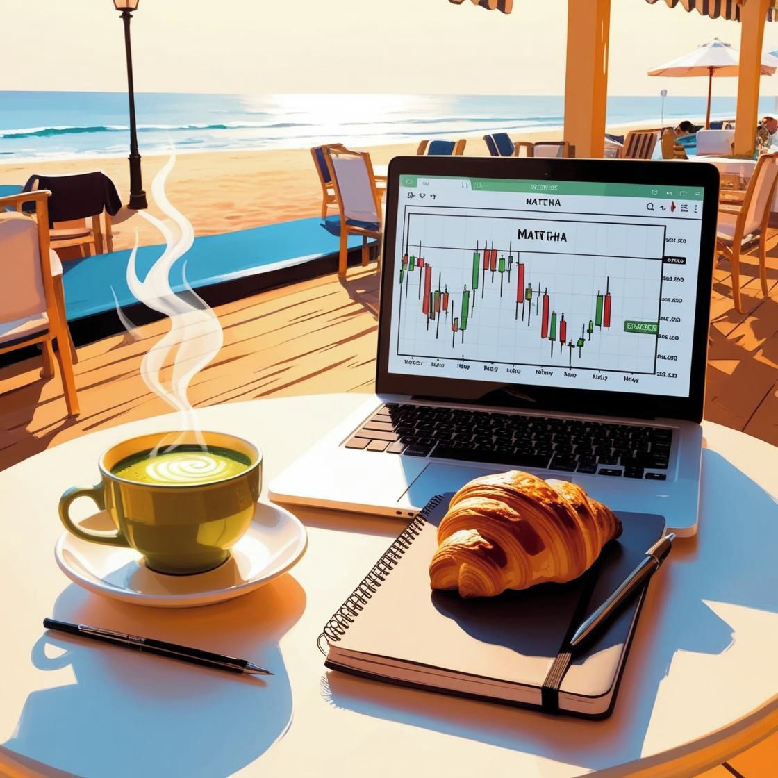 Una laptop mostrando un gráfico bursátil, una taza de café y un cuaderno sobre una mesa.