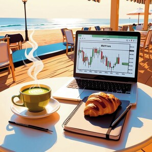 A laptop displaying a stock chart, a cup of coffee, and a notebook on a table. - Surf City Resorts (Tamanique)