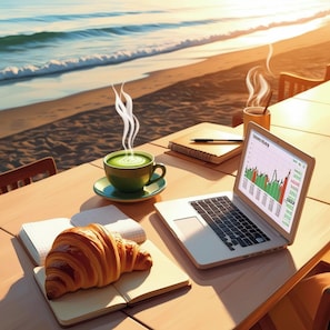 En bærbar computer på et bord med en notesbog, en kop kaffe og en croissant.