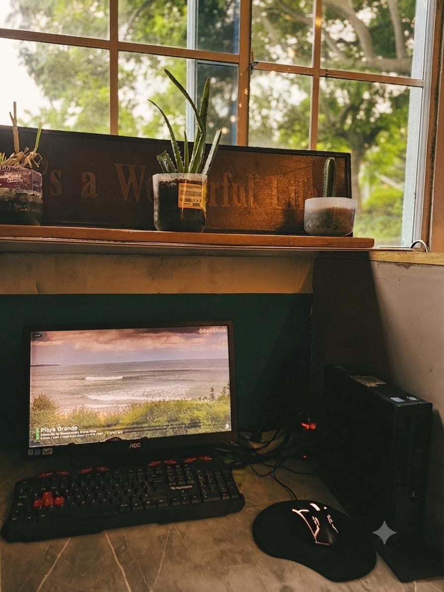 Een computeropstelling met een beeldscherm, toetsenbord en muis op een bureau, met een raam erachter met zicht op groen.