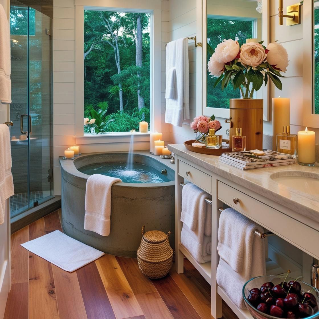 Un baño moderno con una bañera grande, cabina de ducha con mampara de vidrio y vistas a zonas verdes al exterior.