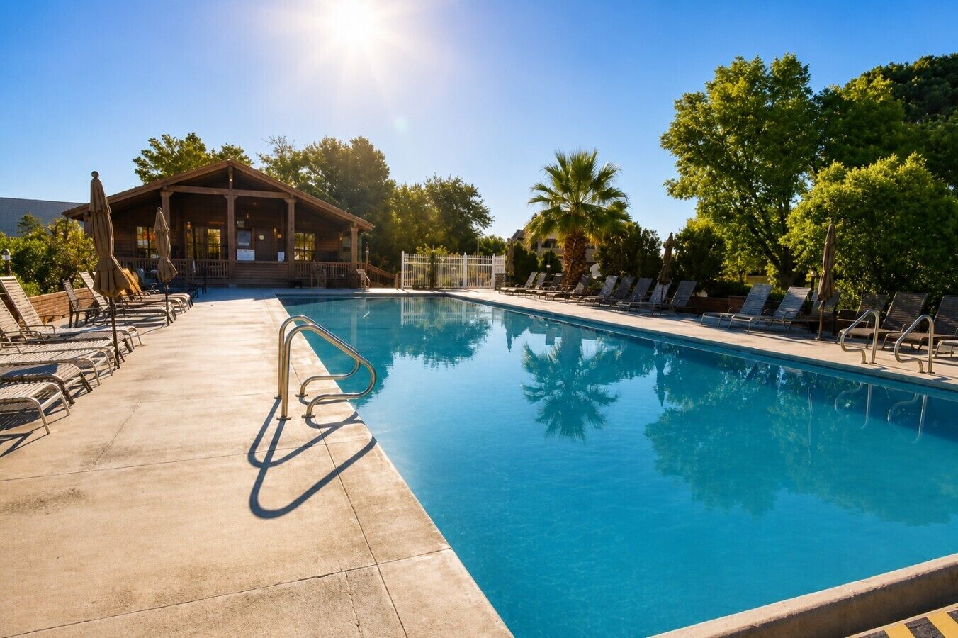 Une piscine avec des chaises longues, un espace de repos couvert et des palmiers.