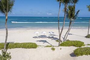 Ein Strand mit Palmen, einer Reihe von Liegestühlen und Sonnenschirmen im Schatten.