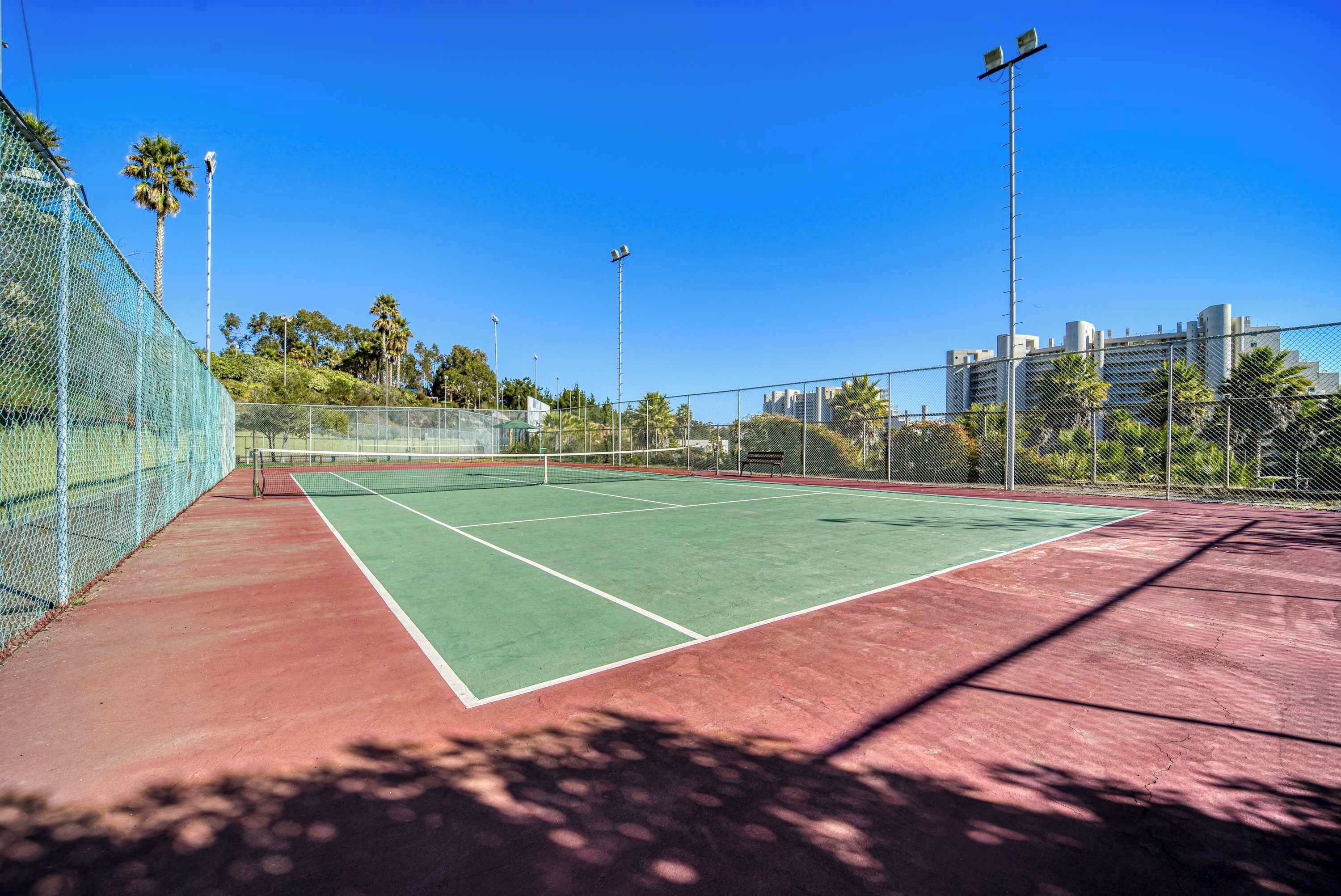 Cancha de tenis exterior con red, rodeada por una cerca de malla metálica y palmeras al fondo.