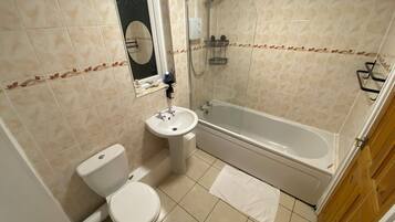 Hair dryer, towels, toilet paper