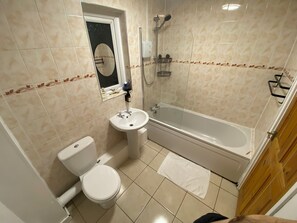 Hair dryer, towels, toilet paper