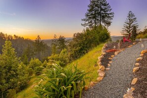 Un espacio al aire libre con un sendero de grava, rodeado de vegetación y árboles, que conduce a un mirador con vistas a un valle boscoso.