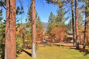 Ein Wohngebiet mit hohen Kiefern, ein Haus mit rotem Dach und freiem Blick auf See und Berge im Hintergrund.