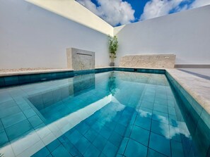 En klar, blå swimmingpool med flisekanter, omgivet af hvide vægge og en lille plantepotte.