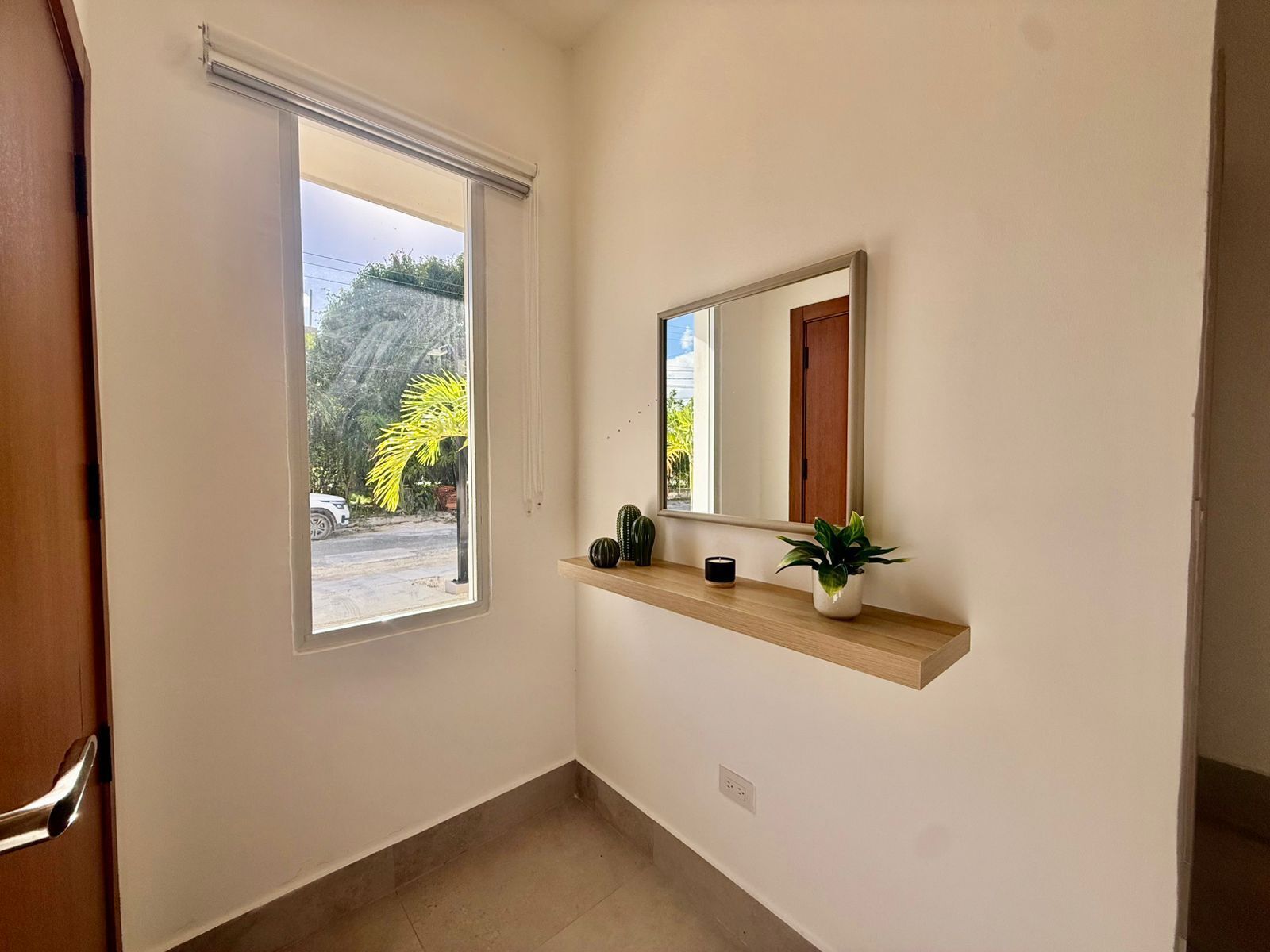 Un couloir avec une grande fenêtre, un miroir, une étagère avec des plantes et une porte.