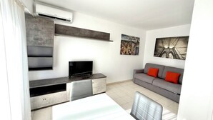 A modern living room with a flat-screen TV, grey sofa, and artwork on the walls. - Antibes - Studio for 2 people - Parking - Swimming pool - Air conditioning (Antibes)