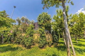 Un jardin avec différentes plantes et arbres, un mur de pierre et un bâtiment doté d’un toit sombre.