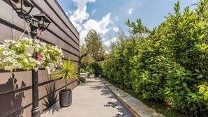 Un vialetto costeggiato da un edificio con cesti di fiori e piante in vaso, che conduce a un fitto siepe verde.