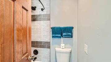 Shower, hair dryer, towels, shampoo
