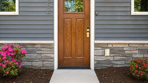 A house with a wooden front door, stone foundation, and a number '954' on the wall. - Moody Maison Studio | Near Downtown & Beaches (Traverse City)