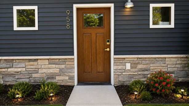 A house with a stone foundation, a wooden door, and a number '958' on the wall. - Sage Solace Studio | Near Downtown & Beaches (Traverse City)