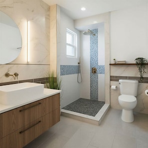 Ein modernes Badezimmer mit großem Waschbecken, Holzschrank, Dusche, Toilette und einem Spiegel.
