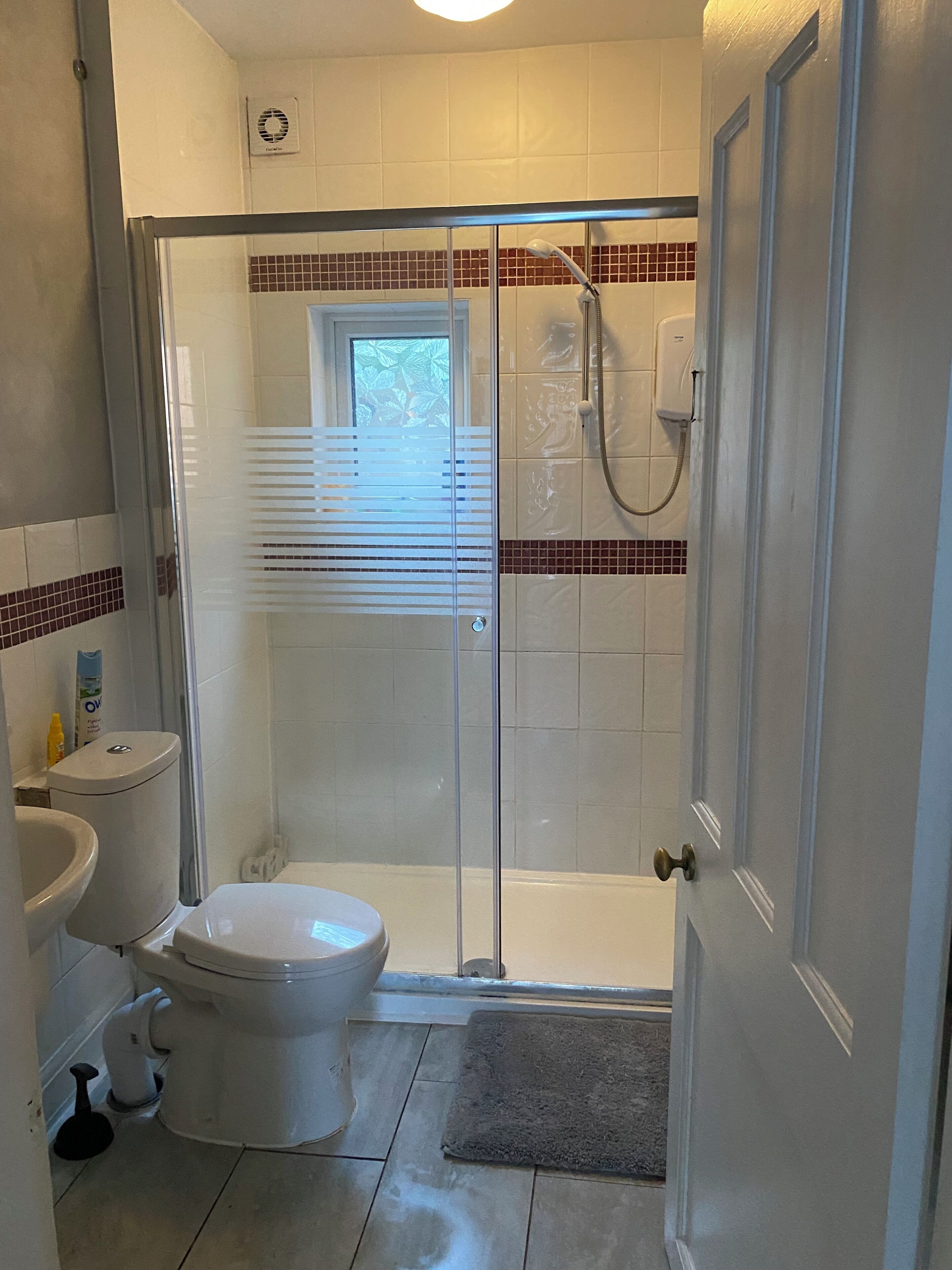 Shower, towels, soap, toilet paper